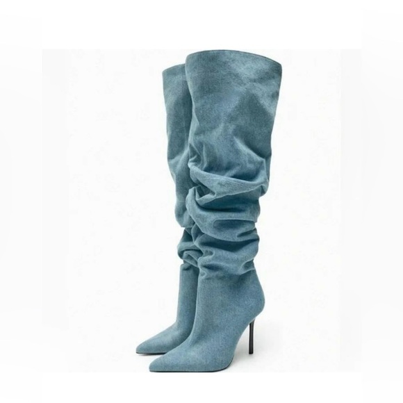 Zara Denim Over The Knee Boots. Pointed Toe. Size 36 - Picture 1 of 4